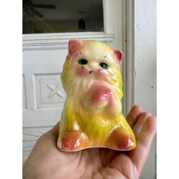 Vintage 50's Yellow Ceramic Cat Kitten Planter Pot Vase Kitsch Retro - Picture 13 of 14